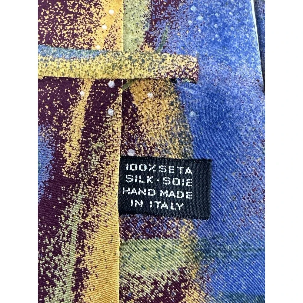 Krizia Uomo Italy Silk Tie Abstract Celestial Galaxy Print Purple Gold Blue MCM